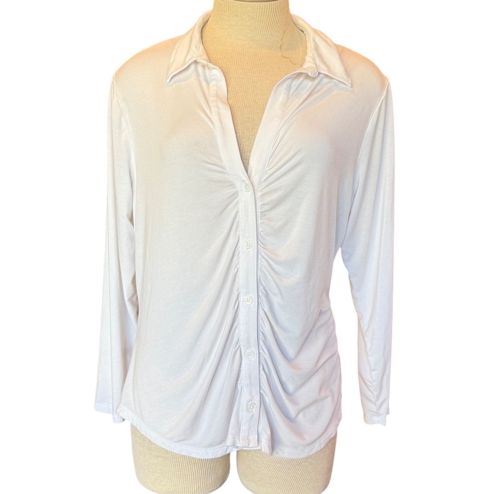 Sanctuary Ruched Button Front Long Sleeve Top White Stretch Rayon Womens 2X New